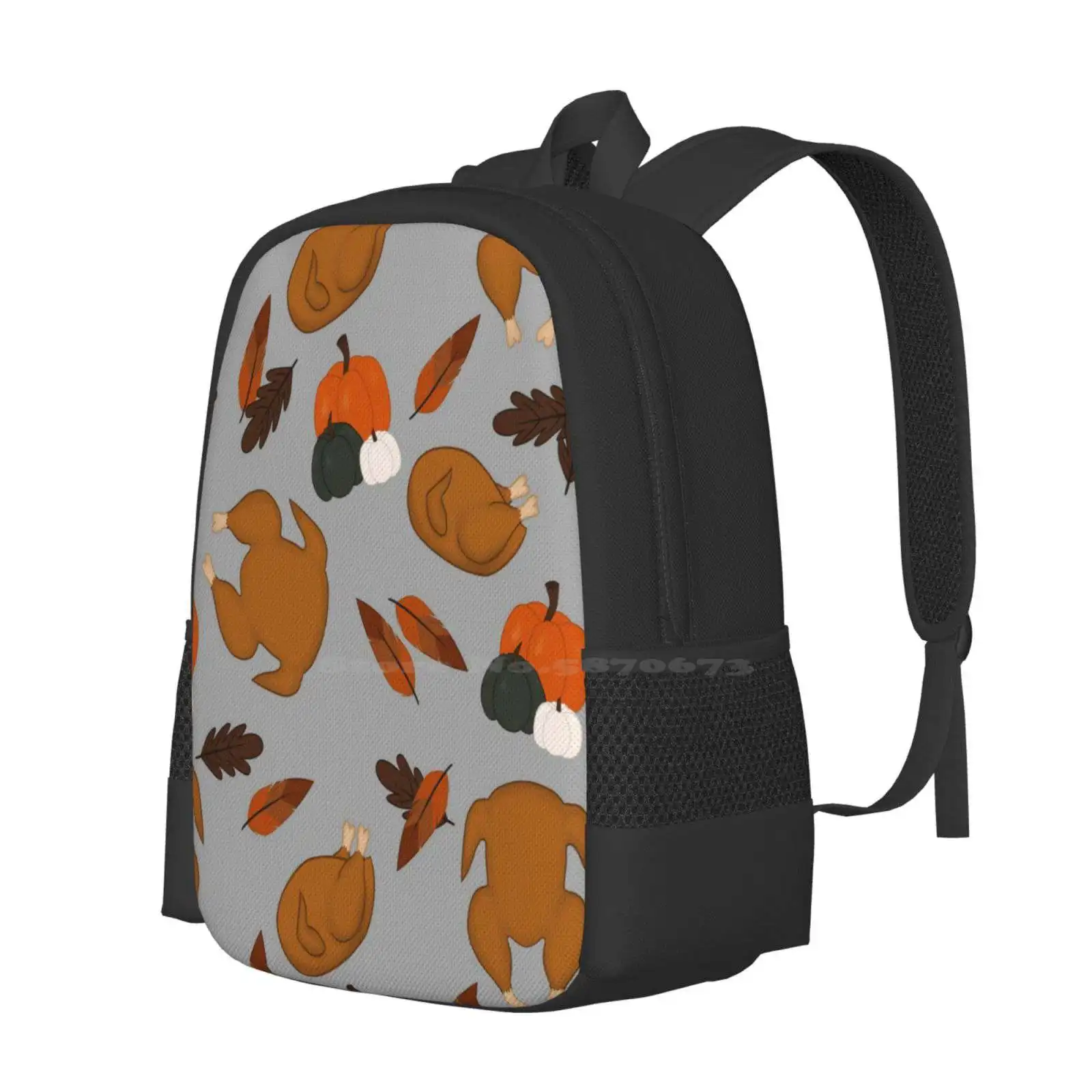 Thanksgiving Pattern com fundo cinza, Turquia Feather Leaf Design Bagpack, mochilas escolares, Solgalaxy Design