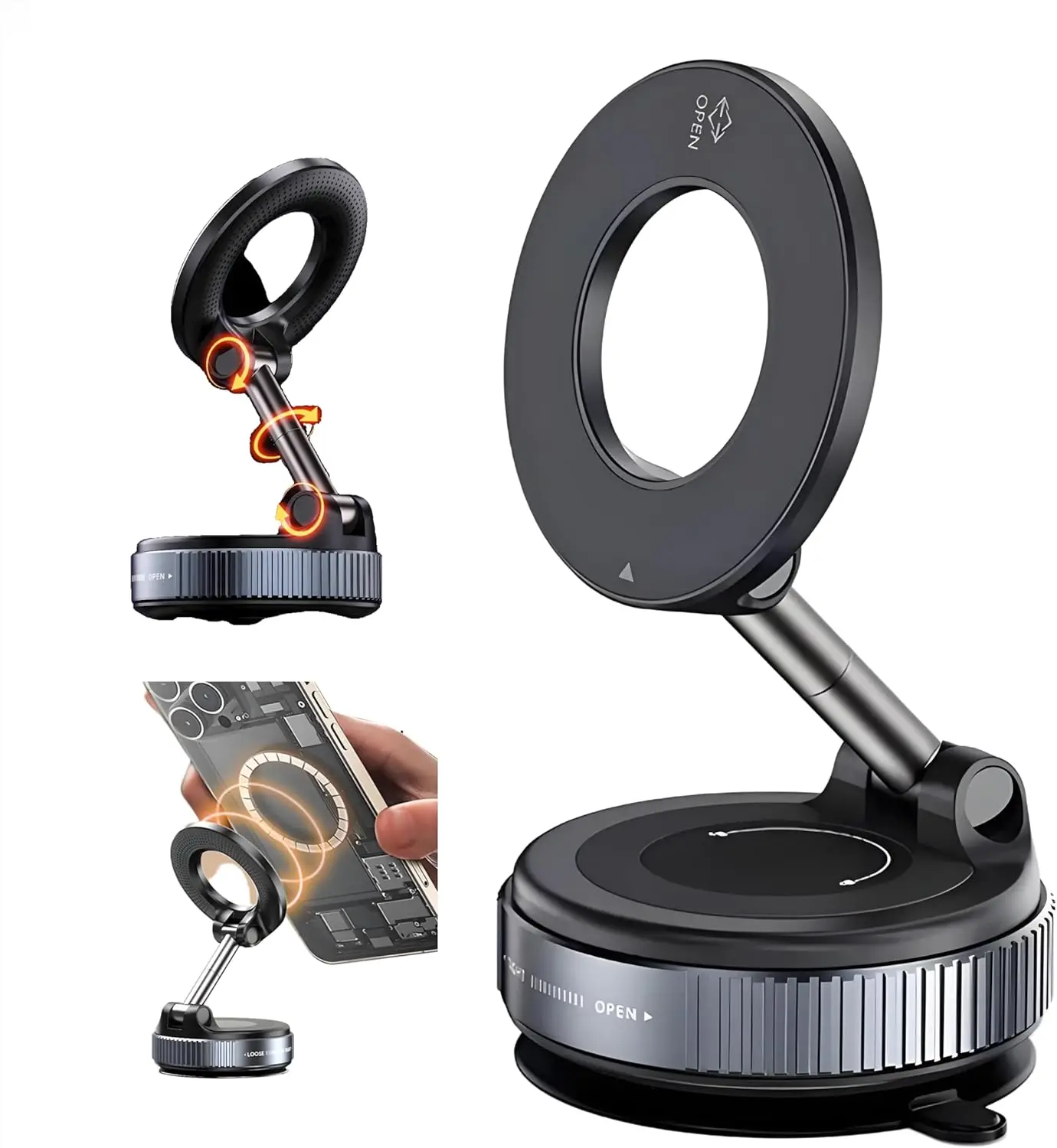 

Magnetic Phone Holder for Car – Vacuum Suction Mount, 360° Rotating Car Phone Mount for All Smartphones