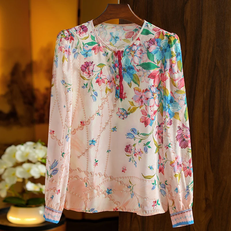 

100% Real Silk Blouse Women Shirt 2023 Summer Autumn Elegant Ladies Tops Long Sleeve Women's Floral Print Shirts And Blouses