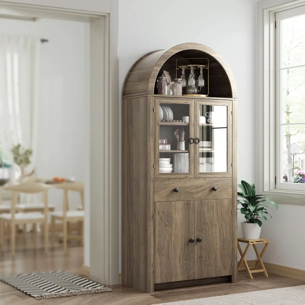 

Arched Kitchen Pantry Cabinet, 71" Tall Wood Kitchens Storage Cabinets with Glass Door and Adjustable Shelves, Modern Farmhouse
