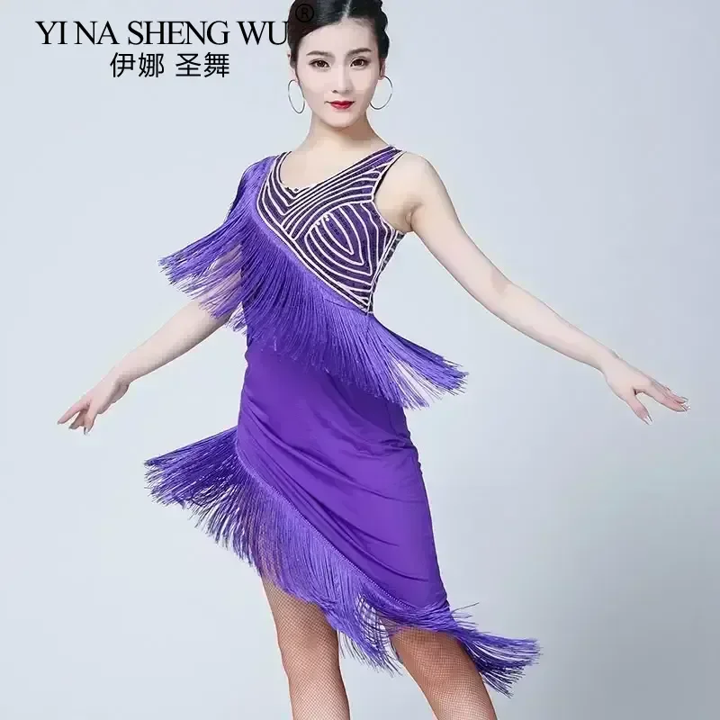 女性用ラテン競技衣装新しいサンバタンゴ社交ダンスドレスタッセル付きノースリーブパーティーパフォーマンスドレス