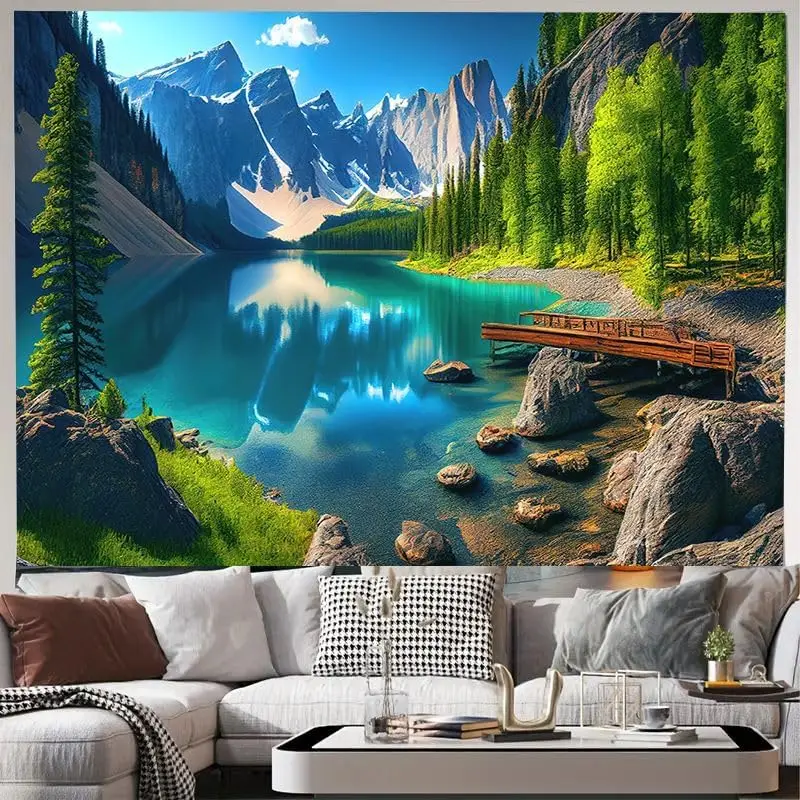 Landscape Sunset View of Moraine Lake & Mountain Range Tapestry Forest Tree Wall Hanging for Room