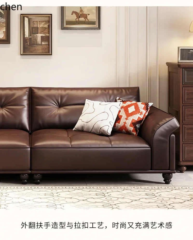 DSAGenuine Leather Vintage Sofa Living Room Straight Sofa Small Apartment Mid-century Sofa