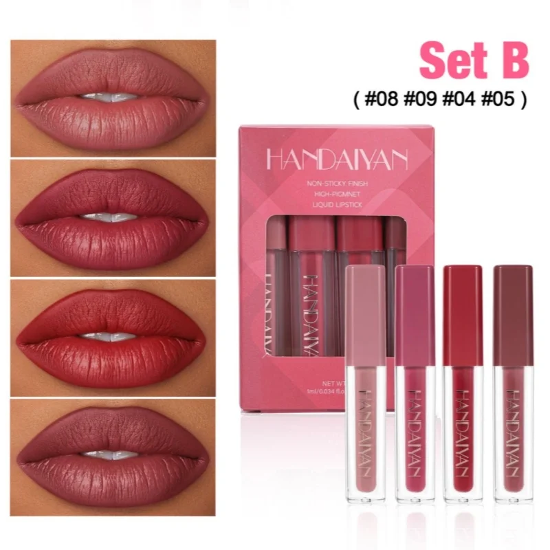 Aksamitny błyszczyk do ust Wodoodporny tint do ust Zestaw 4 sztuk Długotrwały Łatwy w aplikacji Nieklejący się Makijaż Zestaw błyszczyków do ust Płynny zestaw szminek