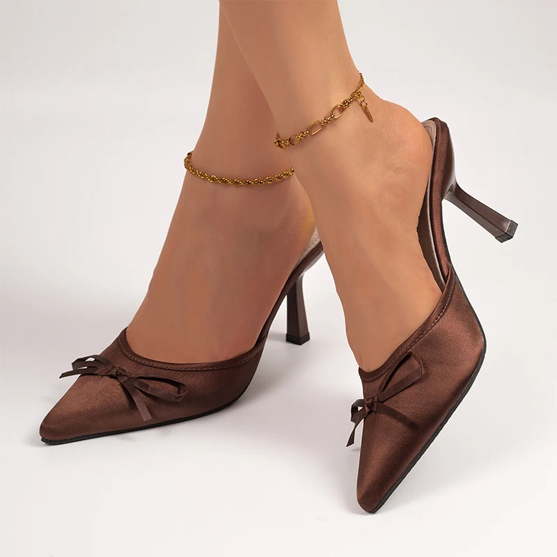 Women Bow Slippers Pointed Toe High Heels Sandals Mules Shoes Sexy Slingback Dress Shoes Stiletto Pumps Mujer Flip Flops Zapatos