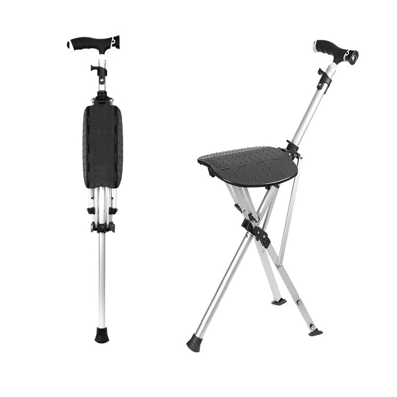 New High Quality Aluminum Alloy Foldable Walking Cane Stick with Seat Adjustable Elderly Crutch Chair with Stool