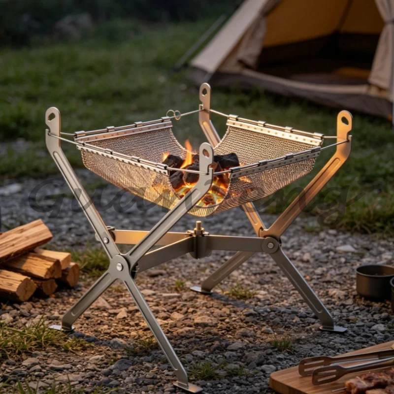 Portable Folding Camping Wood Stove Fire Pit, BBQ Grill Mesh Burner for Outdoor Hiking Picnic Barbecue Cooking