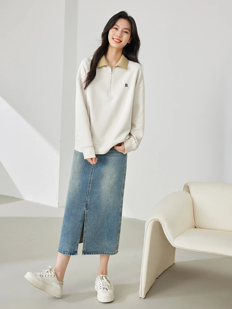 Vimly Contrast Lapel Half Zipper Sweatshirts 2024 Spring Casual Loose Letter Embroidery Pullovers Long Sleeve Tops Woman M5882