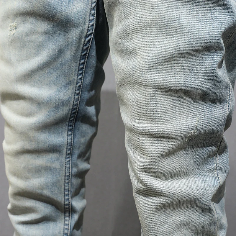 Fashion Designer Men Jeans High Quality Retro Light Blue Stretch Slim Fit Ripped Jeans Men Vintage Casual Denim Pants Hombre