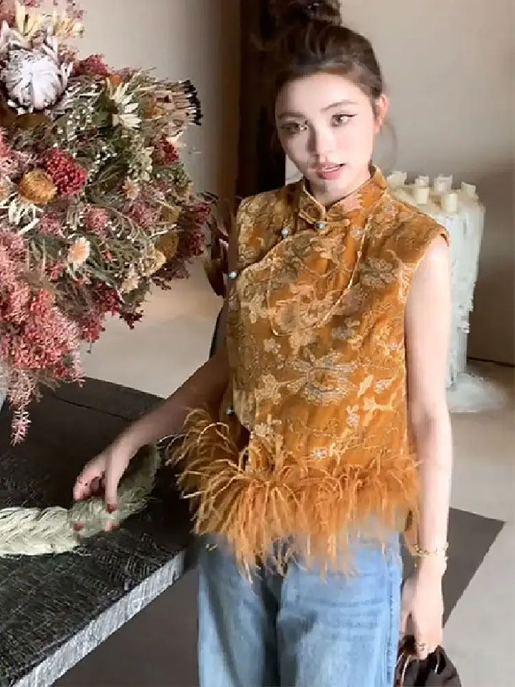 النمط الصيني الأنيق المرأة ستراند طوق سليم صالح الأزهار المطبوعة سترة أعلى ريشة تقسم السيدات الوقوف طوق صدرية خمر