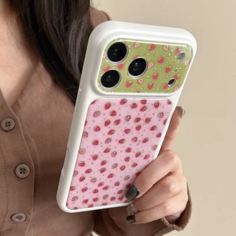 Cute strawberry printed women's phone case with bracelet, su