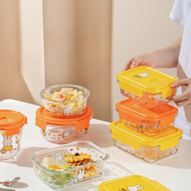 귀여운 미피 유리 도시락 전자레인지 사용 가능 학생/사무실용 음식 용기 누수 방지 뚜껑 재사용 가능한 신선 보관 식품 용기