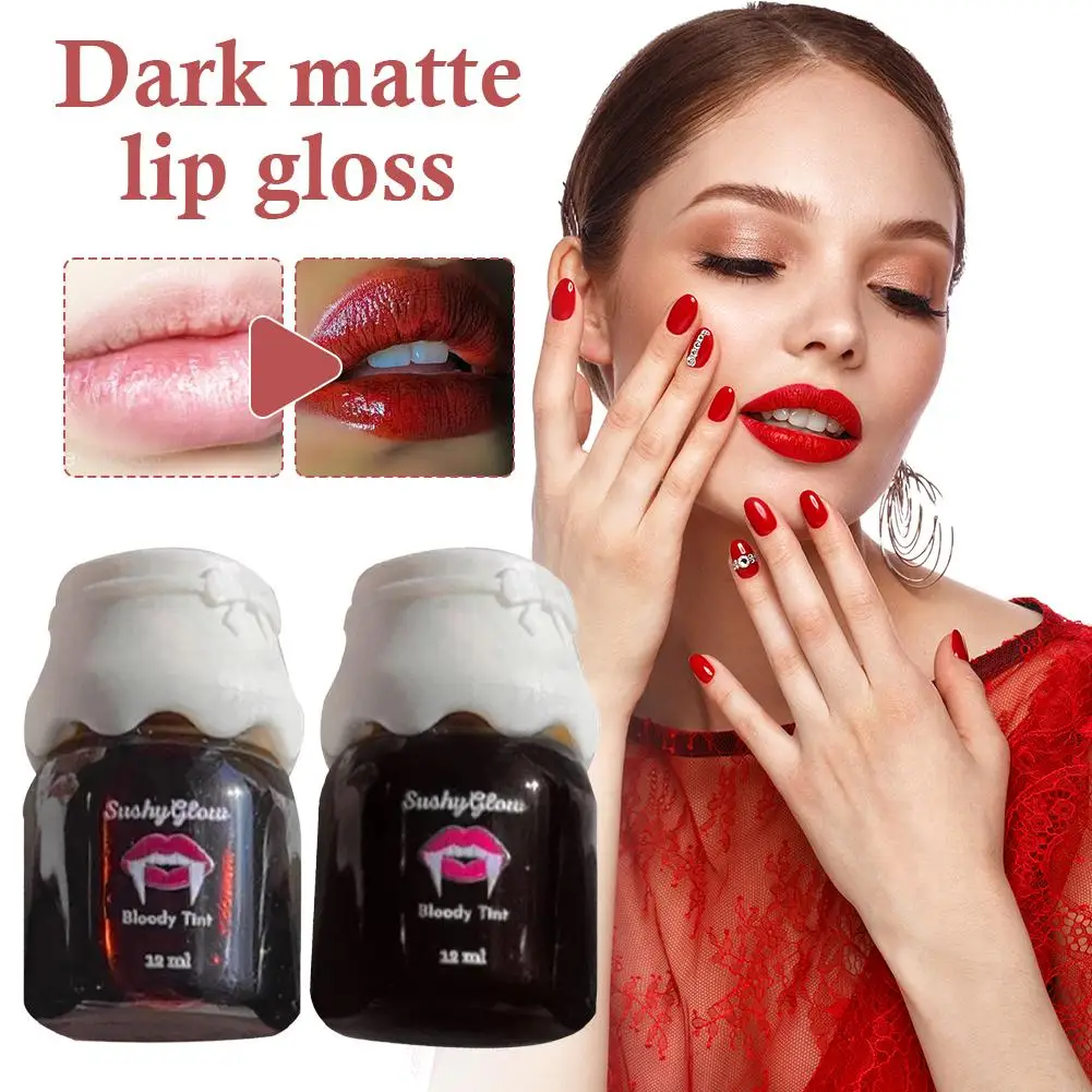 Brillo de labios mMatte negro-rojo oscuro altamente saturado Color negro rojo lápiz labial líquido rápido Festival Cos brillo de labios oscuro hidratante