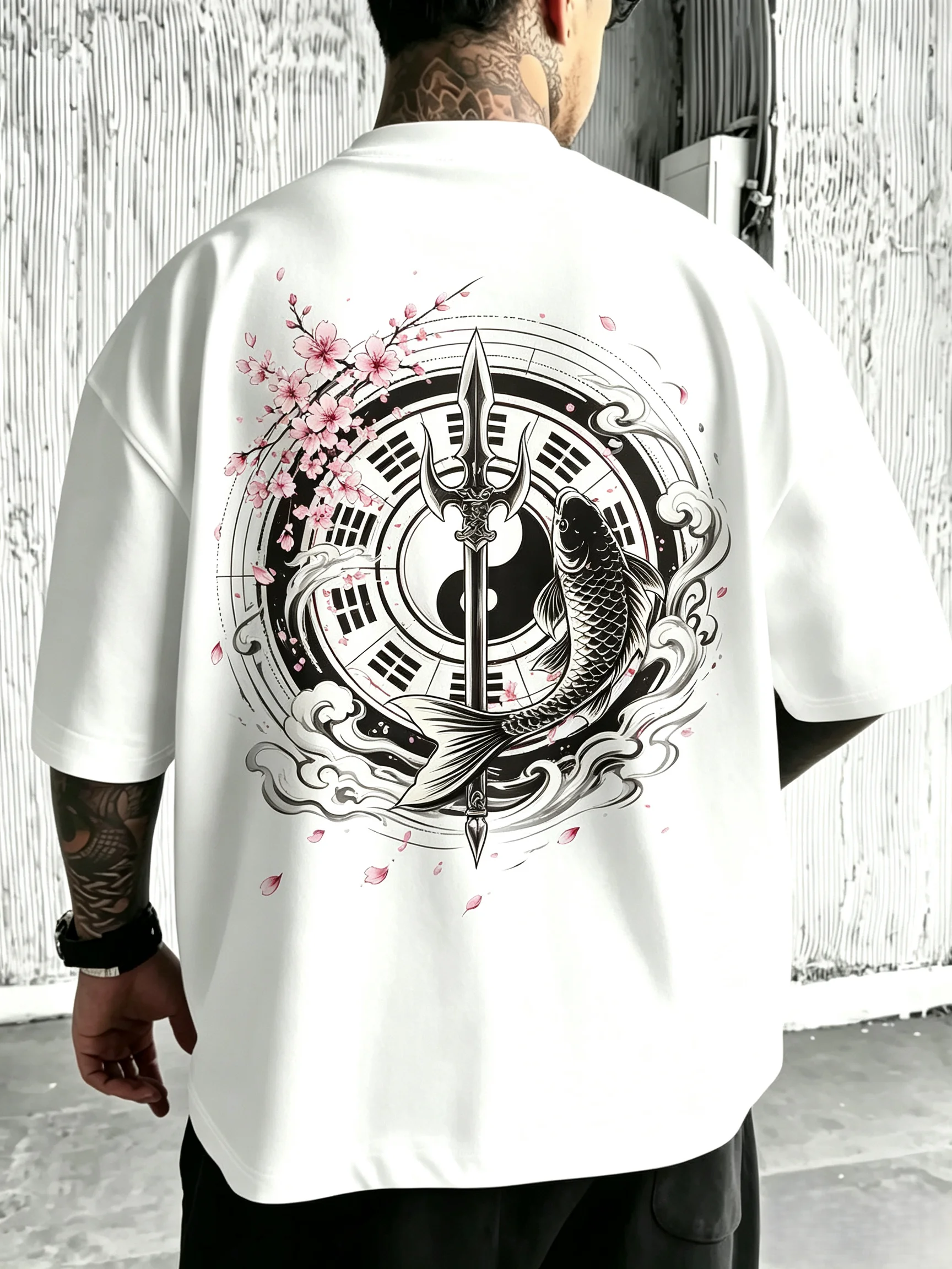Unisex Oversized T‑Shirt Bagua Tai Chi Koi Fish Trident Spear Cloud Wave Sakura Cherry Blossom Oriental Back Print Hip Hop Streetwear Short Sleeve Tee Men Women