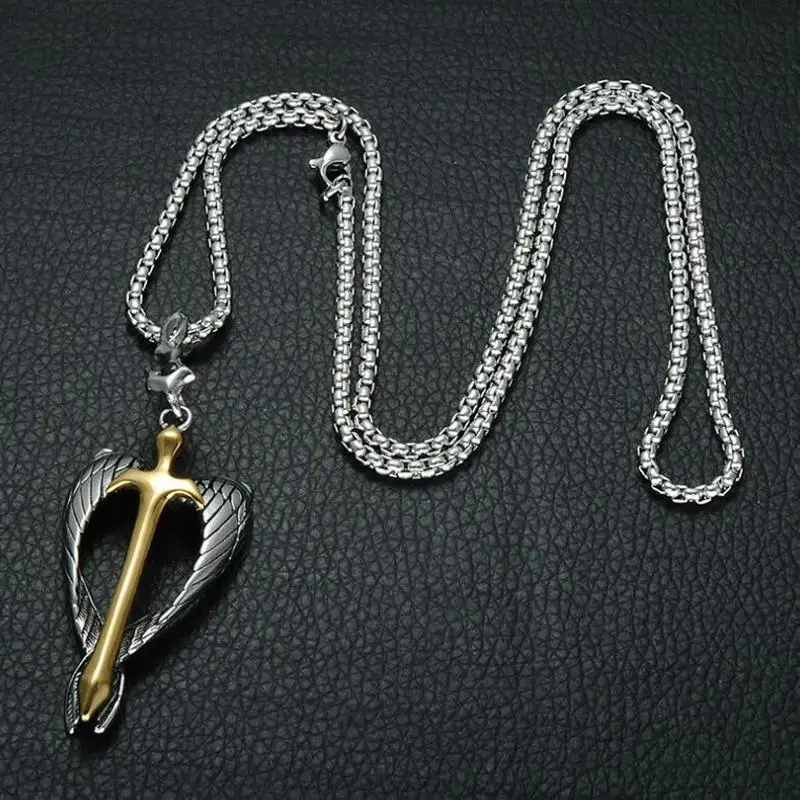 Stainless Steel Classic Winged Sword Cross Pendant     Men's Wing Cross Pendant