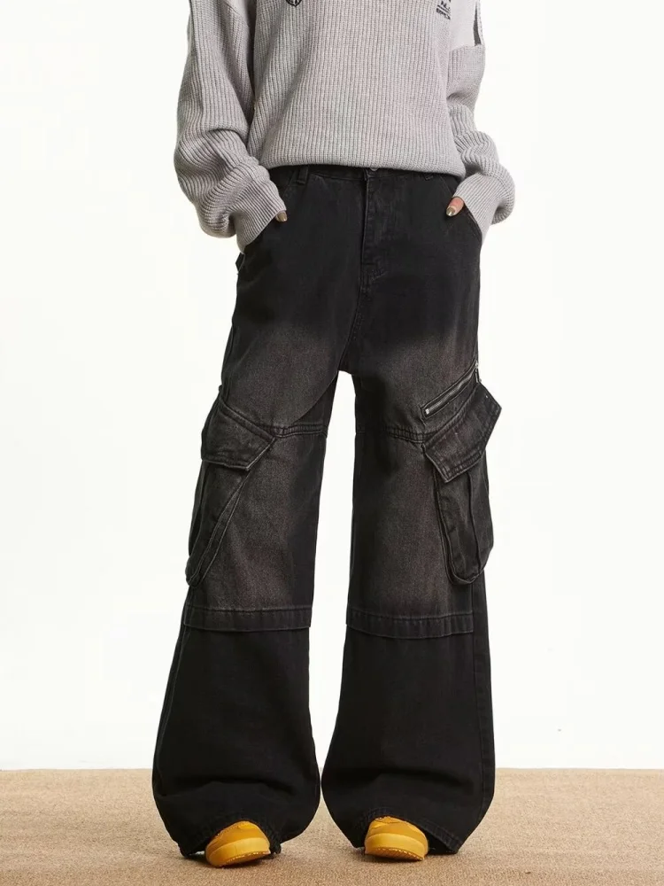 

2025 Cyber Y2K Streetwear Washed Black Baggy Cargo Jeans Pants For Women Clothing Multi Pockets Lady Cotton Trousers Ropa Mujer