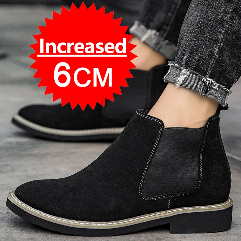 New Men Elevator Shoes Chelsea Boots 6CM Invisible Inner Increase Shoes Men's Height Increasing Shoes Leather Platform Men Boots
