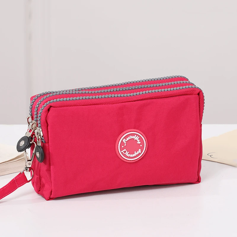 Fashionable Portable Three-Zip Plain Color Handbag for Women's Mobile Phone Wallet for Traveling