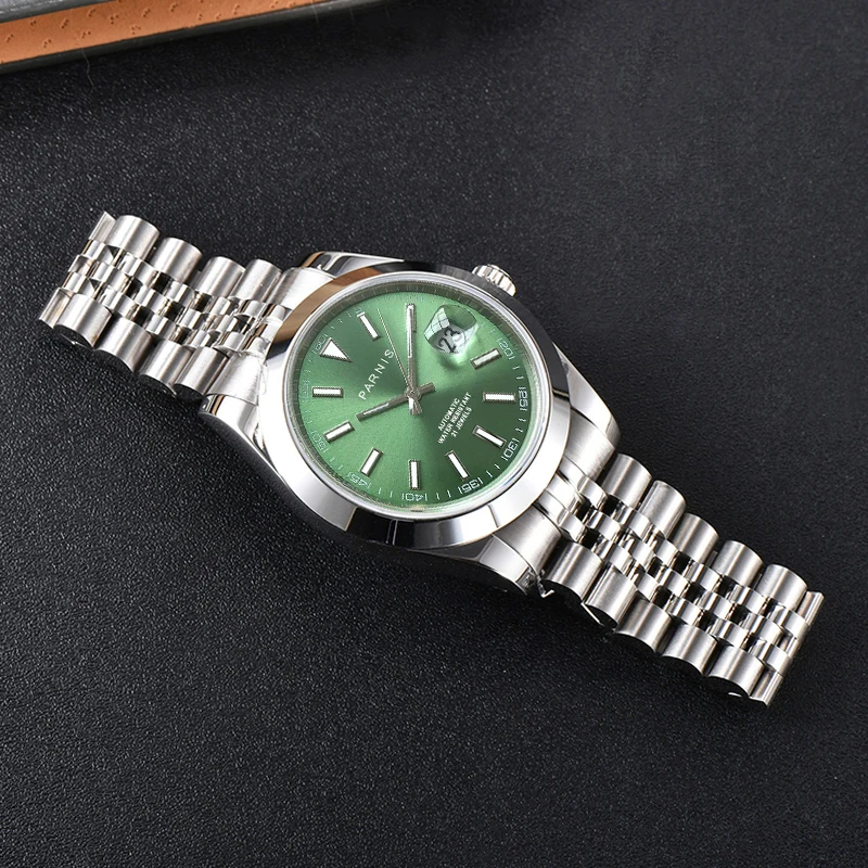 2024 Luxury Brand Parnis 39.5mm Green Dial Automatic Mechanical Men Watches Calendar Sapphire Crystal Watch For Men reloj hombre