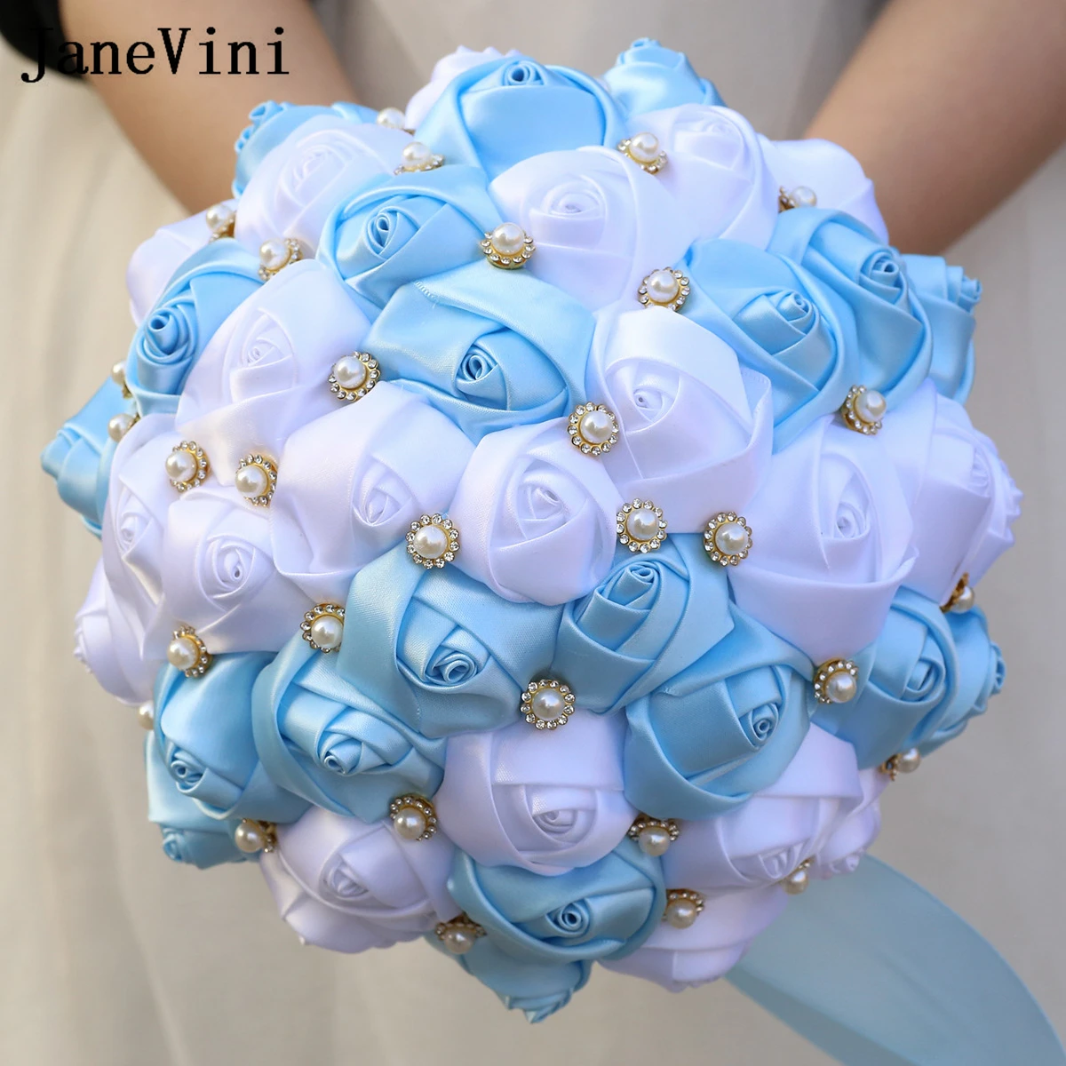 JaneVini-Bouquet de Mariage Élégant Bleu Clair et Blanc, Fleurs de Mariée, Perles Artificielles Personnalisées, Bouquets de Patients, Ramos Novia