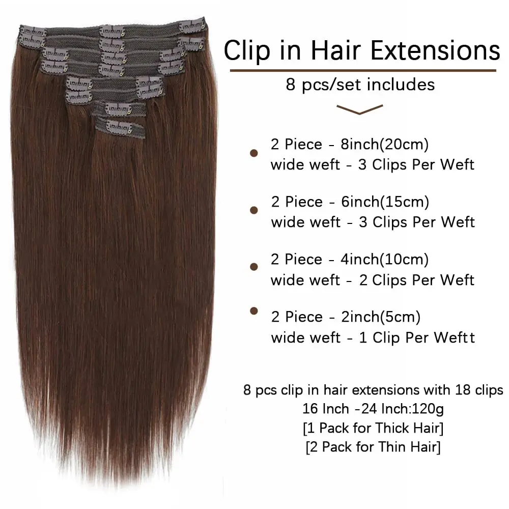 Clip in Hair Extensions Real Human Hair color #4 Chocolate Brown Clip in Hair Extensions 8pcs Hair Extensions for Women