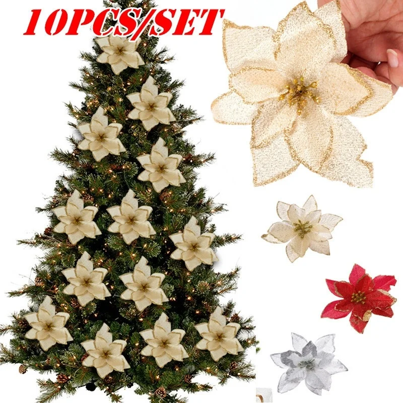 10PCS 13cm Christmas Flowers Artificial Christmas Tree Ornaments Gold Poinsettia Flower Head Home Christmas Tree Decorations