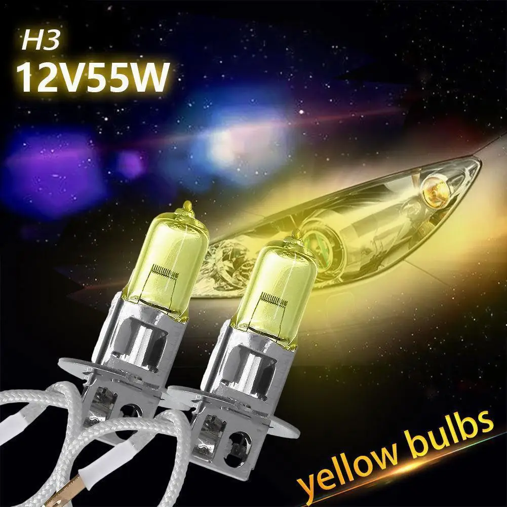 2/1Pcs H3 12V 55W 3000K Halogen Bulb Super Bright Yellow Fog Lights High Power Car Headlight Lamp Car Light Source Car Styling