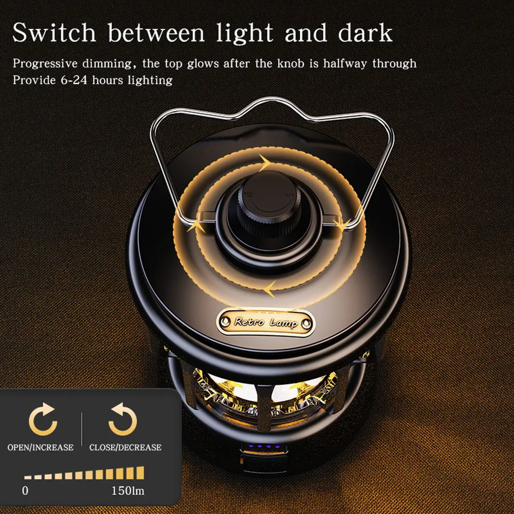Retro Portable Camping Lantern Rechargeable Light Hanging Lamp Outdoor Light Household 3 Modes Dimmable Flashlight With USB