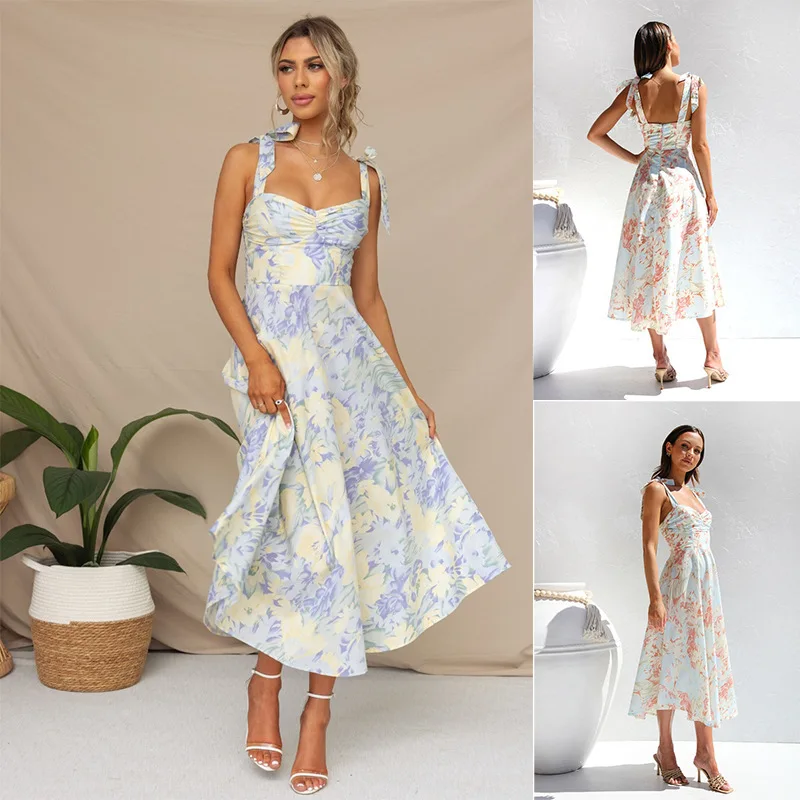 "Zeyla 2025 Vestido veraniego con cuello en V Vestido midi floral de cintura delgada para mujer Traje boho chic de moda de verano"