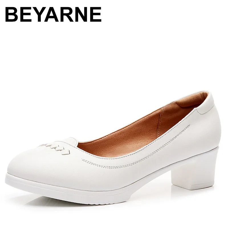 

Spring Round Toe Shallow Women's White Shoes Comfortable Thick Mid Heels Genuine Leather Small Size Big Size 32-43