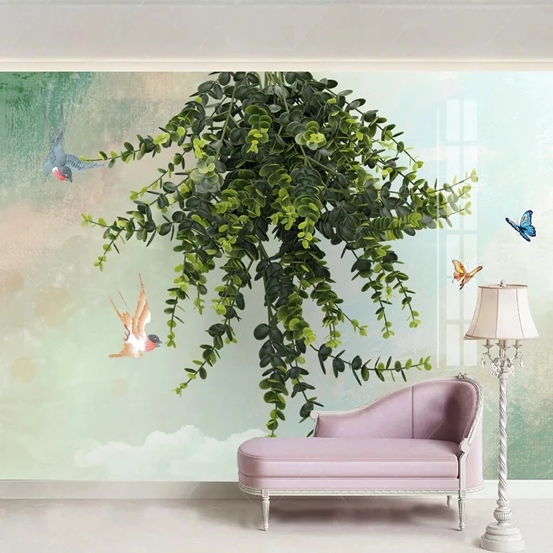 

Custom 3D Mural Light Green Fresh Plant Leaves Flowers And Birds Wallpaper For Living Room Sofa Wall Decoration Wall Covering