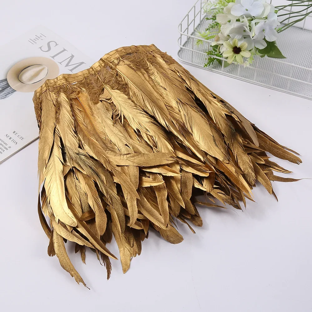 2Meter Gouden Ganzenveren Haan Veren Op Tape Fringe Trim Pluimen Diy Naaien Passementen Lint Kunstmatige Decoraties