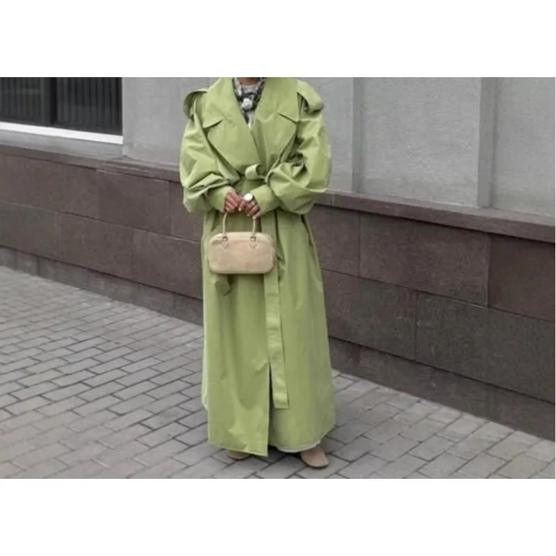 Elegant Green Coat Women Fall 2025 Lapel Windbreaker Long Sleeve V Neck Belt Lace Up Jacket Lady High Street Daily Outerwear