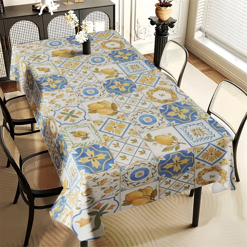 Lemon Mediterranean Theme Tablecloth for Table Decor Summer Lemons Tile Geometric Print Kitchen Dining Table Cloth Party Decor