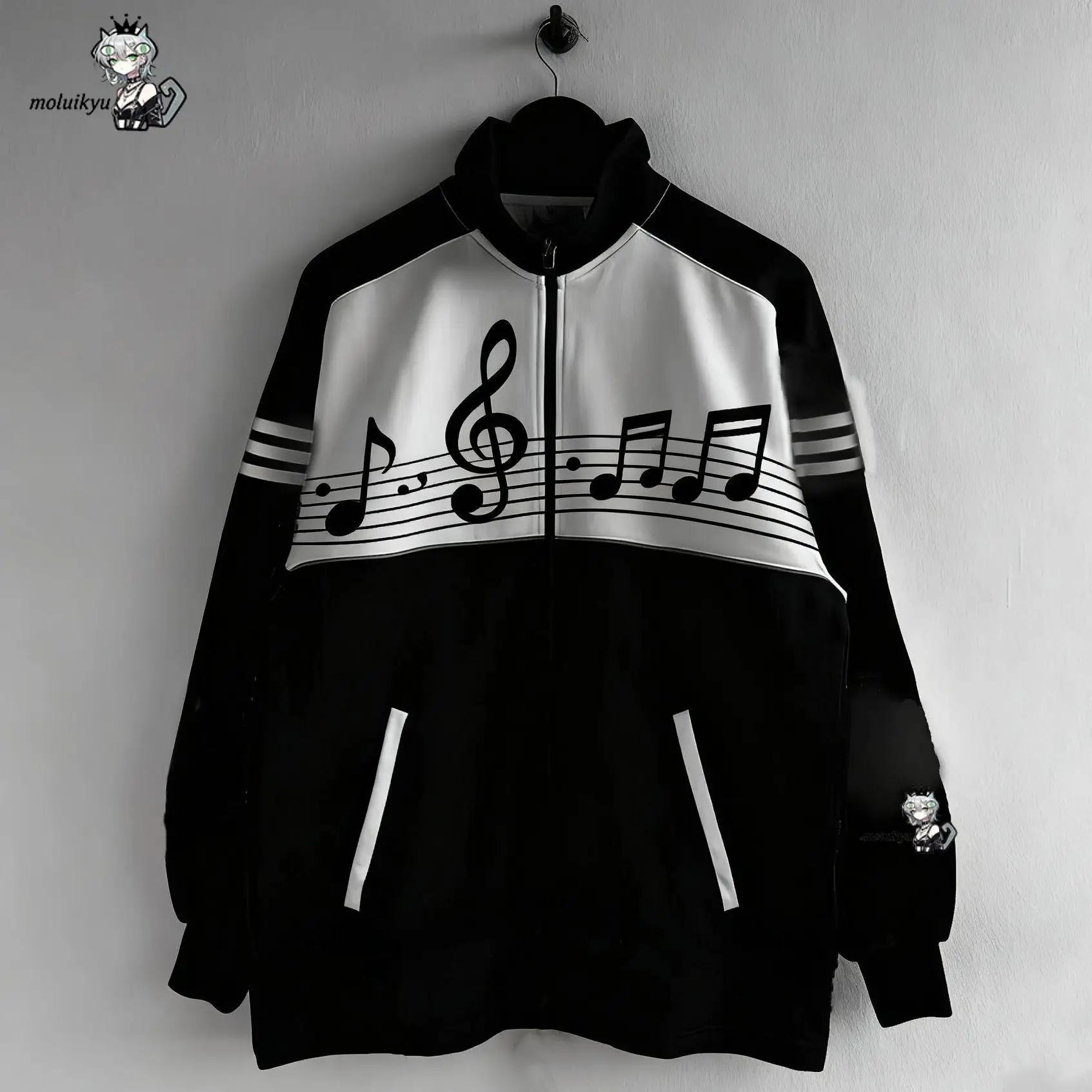 Women Print Zip Up Track Jacket Black White Striped Stand Collar Sport Coat Y2K Harajuku Streetwear Loose Casual Outerwear Coat