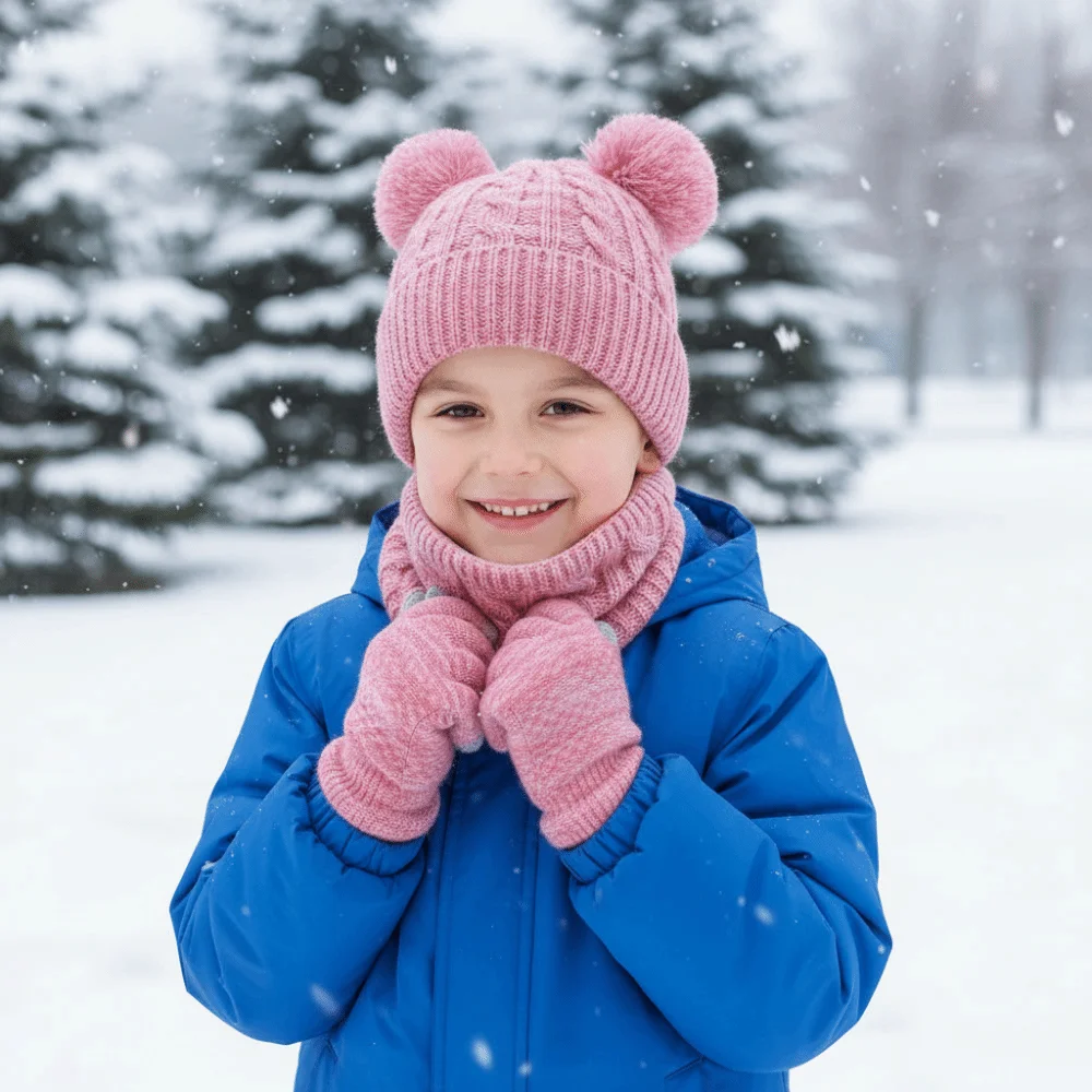 

Cute Pompom Baby Hat Scarf Gloves Set Warm Ears Thickened Toddler Knitted Hats with Velvet Multicolor Hat Set Autumn Winter