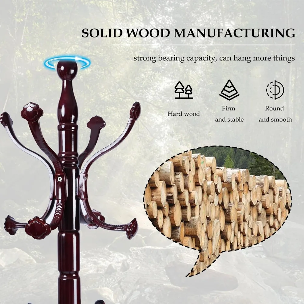 رف معطف خشبي قائم بذاته مع 14 خطافًا، حامل على شكل شجرة طبيعية لسهولة التجميع، حل مثالي لتخزين المدخل #2