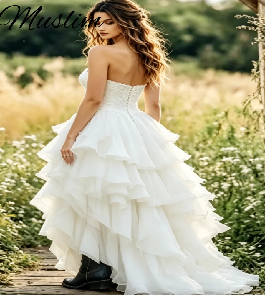Western Rustic High Low  Cowgirls Wedding Dress 2026 Sweetheart Tiered Ruffles Lace Rustic Outdoor Bohemian Beach Bridal Gowns