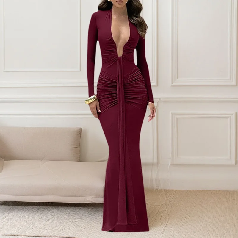 Blifanbo Abito lungo sexy con scollo a V a maniche lunghe Donna Nastro aderente Autunno Inverno Vita alta increspato Club Party Abito lungo elegante