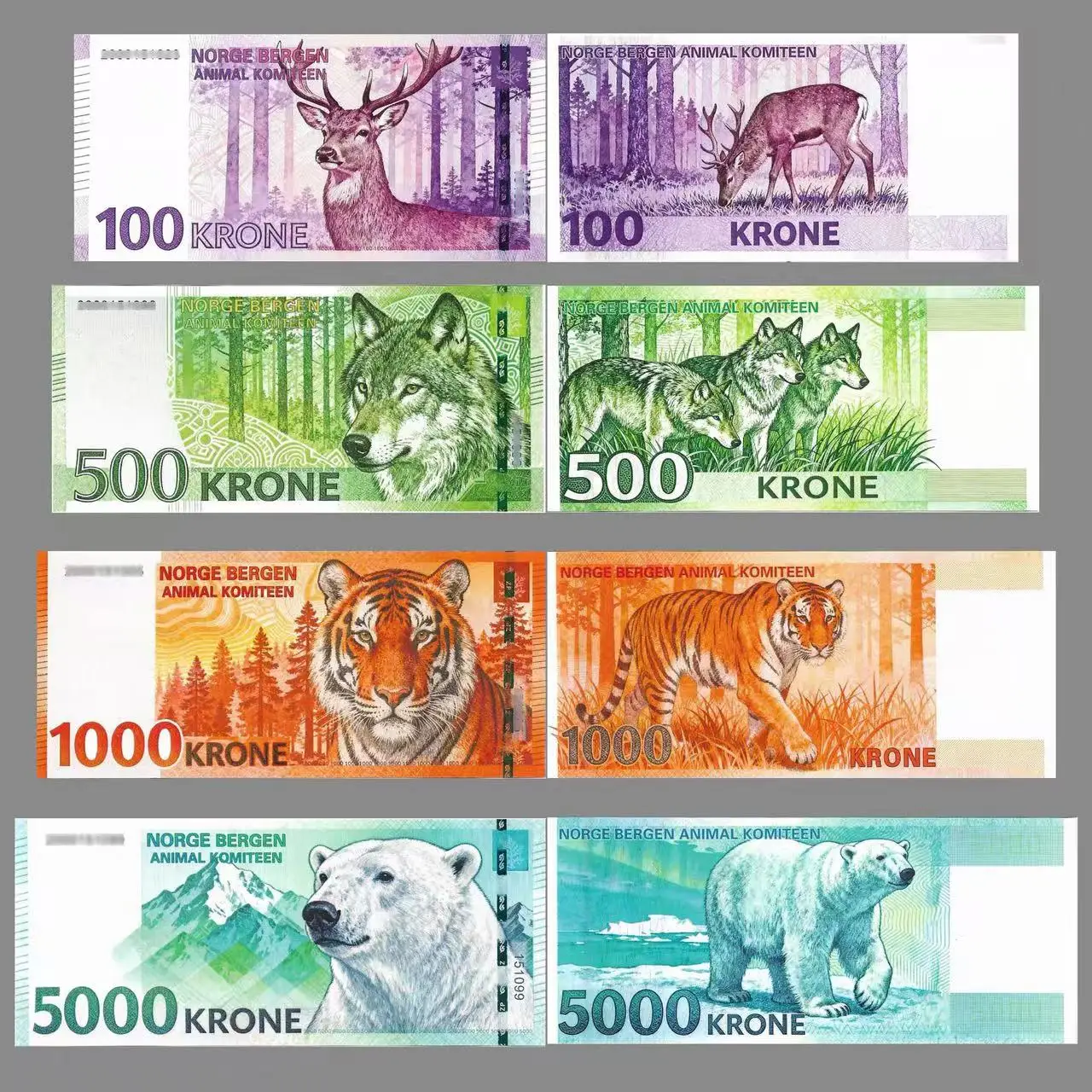 

Norwegian animal themed commemorative banknote, collectible gift set with wolf, deer, tiger, polar bear patterns, non currency