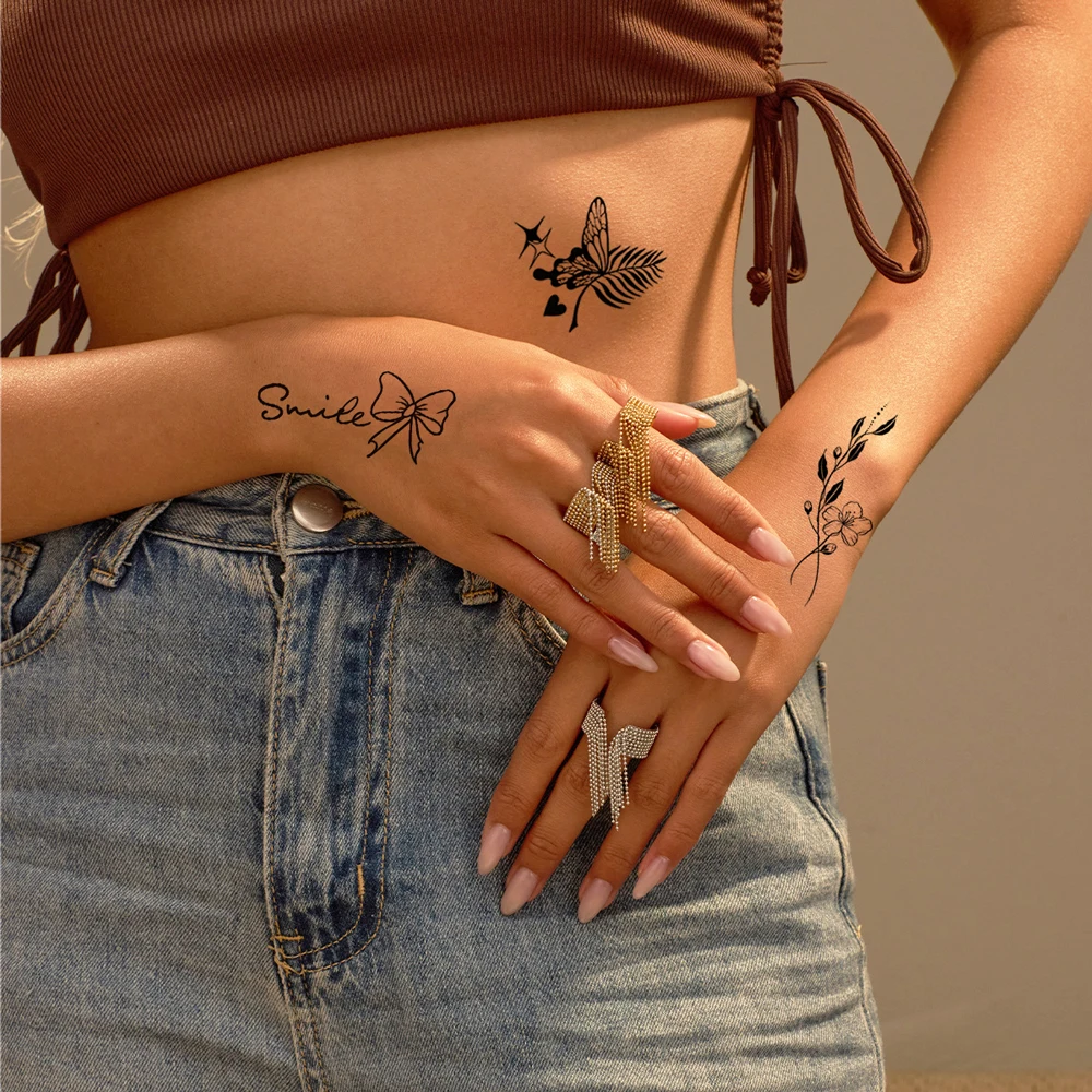 6 قطعة الوشم المؤقت زهرة سوداء للنساء ماكياج الجسم المتاح الأزهار ريشة وهمية الوشم ل فن إصبع اليد الجسم