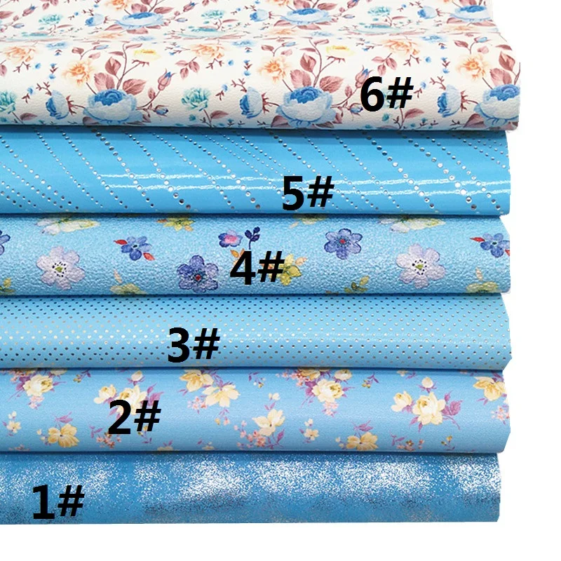 Blue Faux Leather Sheets Metallic Synthetic Leather Flowers Printed Leather Dots Embossed Leather for DIY Craft 8.2