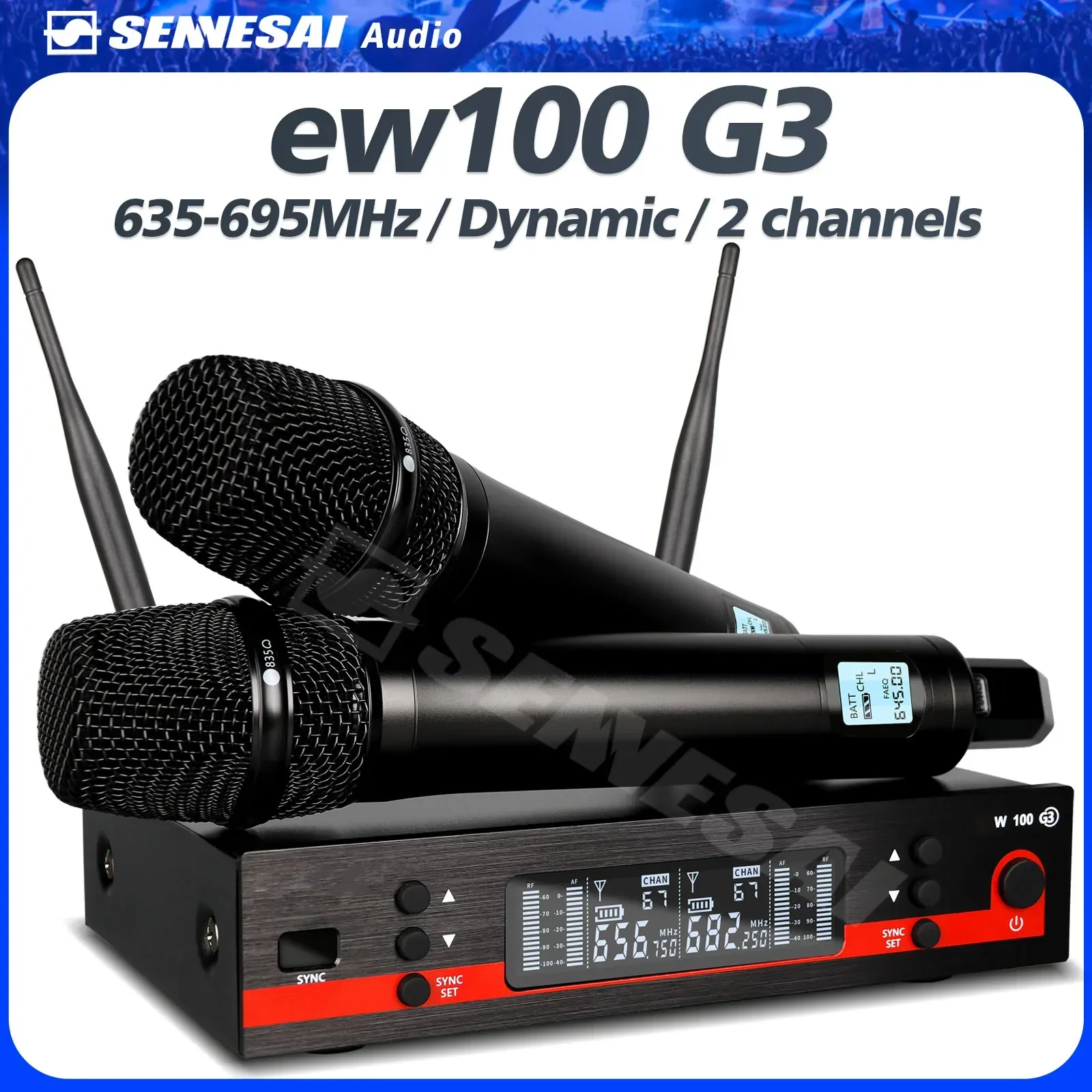 

Top Quality！Ew100G3 Professional Dual Wireless Microphone Stage Performance 2 Channels 600-699 UHF Karaoke Metal Handheld e835