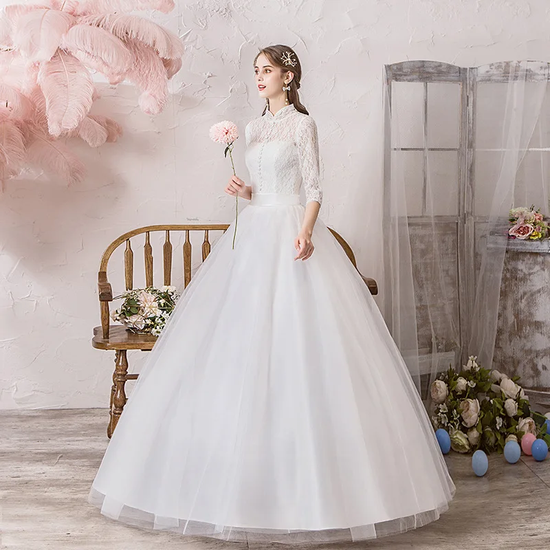 Elegant Princess Floor-length Plus Size Women Bride Ball Gowns Stand-up Collar Wedding Party Dress Evening Dresses for Women