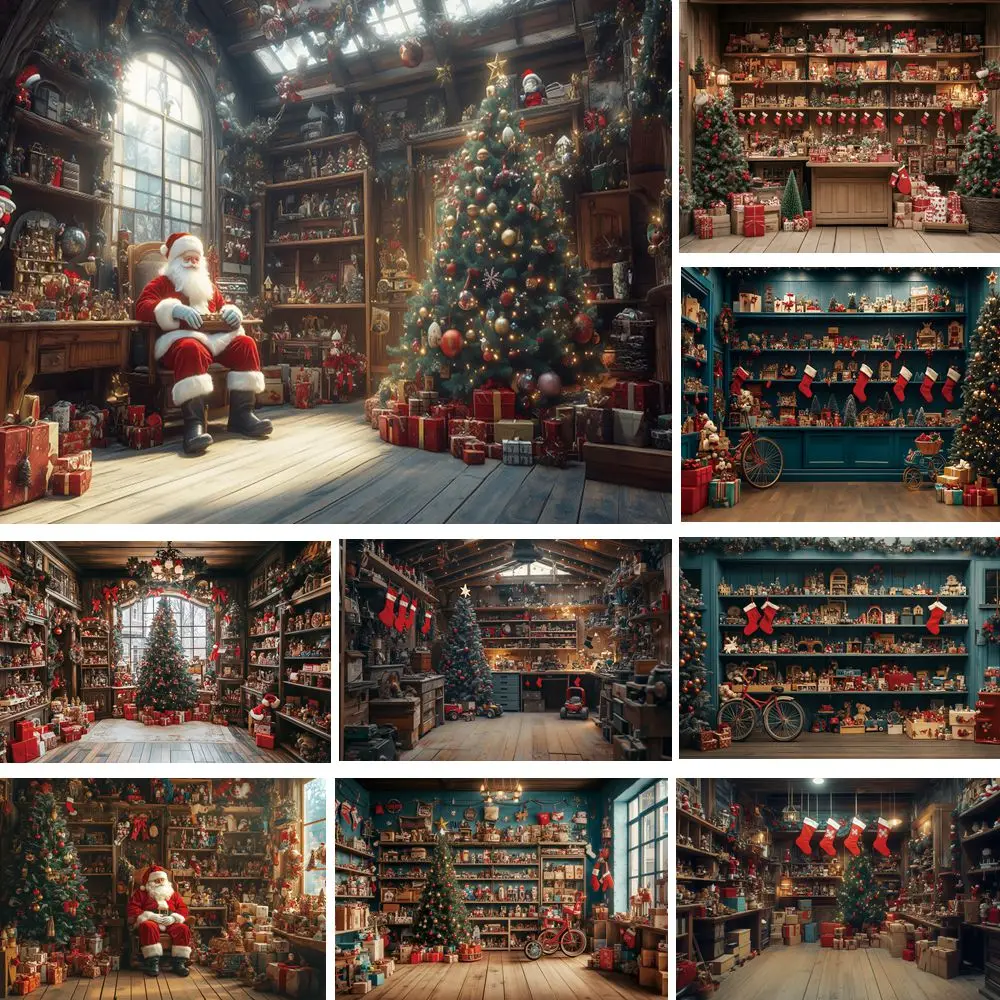 Christmas Santa Claus Workshop Backdrop Xmas Tree Gifts Shelf Xmas Baby Kids Family Portrait Photography Background Photo Studio