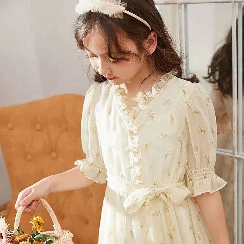 Girls Summer New Dress Youth Chiffon Waist Princess Skirt Children Pastoral Style Clothes 6 8 10 12 14 16 Years