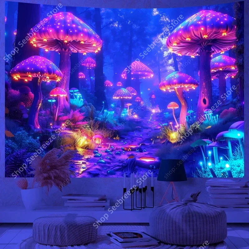 VIKAMA Fantasy Enchanted Forest Tapestry Glowing Colorful Mushroom Creek Dark Magic Woodland Print Wall Backdrop Cloth