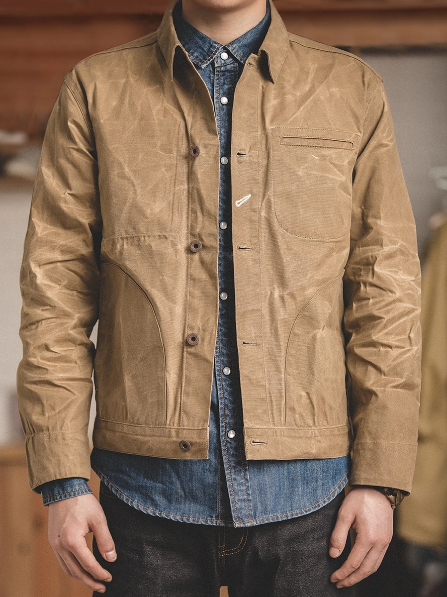 

Maden American Retro Yellow Oil Wax Canvas Jaet Men's Slim Fit ort Casual Hard Man Coat Youth Faion Urban Sle Long Sl...