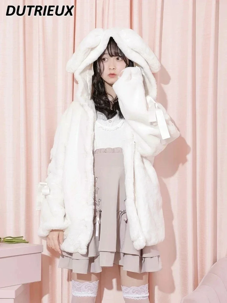 Japanese Style 2023 Autumn and Winter Sweet Cute Thickening Cotton Clothing Mine Series Mass-Produced Rabbit Ears Plush Coat