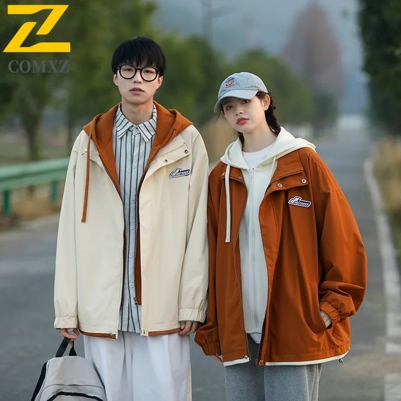 

COMXZ Workwear Jacket Trend Hong Kong Style Autumn Winter Youth Men Fake Two Piece Hooded Coat Waterproof Windproof windbreaker